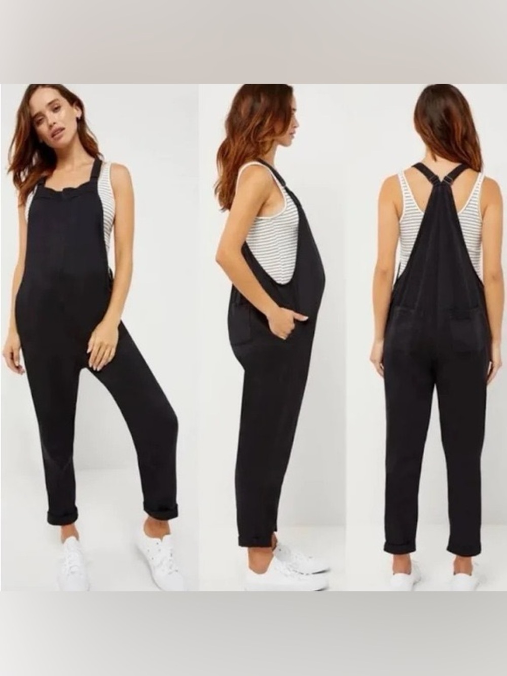 LED Black Overalls Slim Tapered Adjustable Strap Jumpsuit M Maternity Friendly